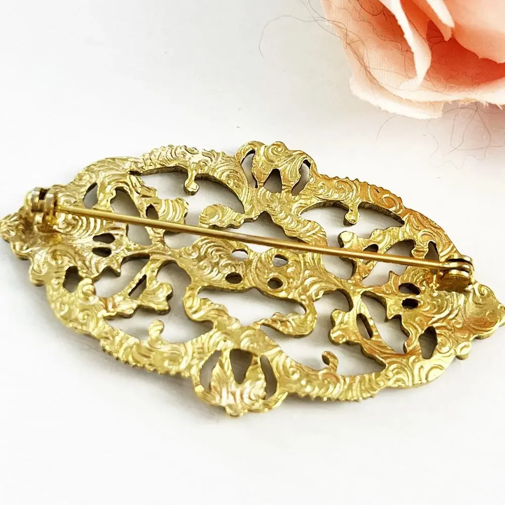 1928 Brand Vintage Filagree Gold Tone Victorian Style Brooch Pin